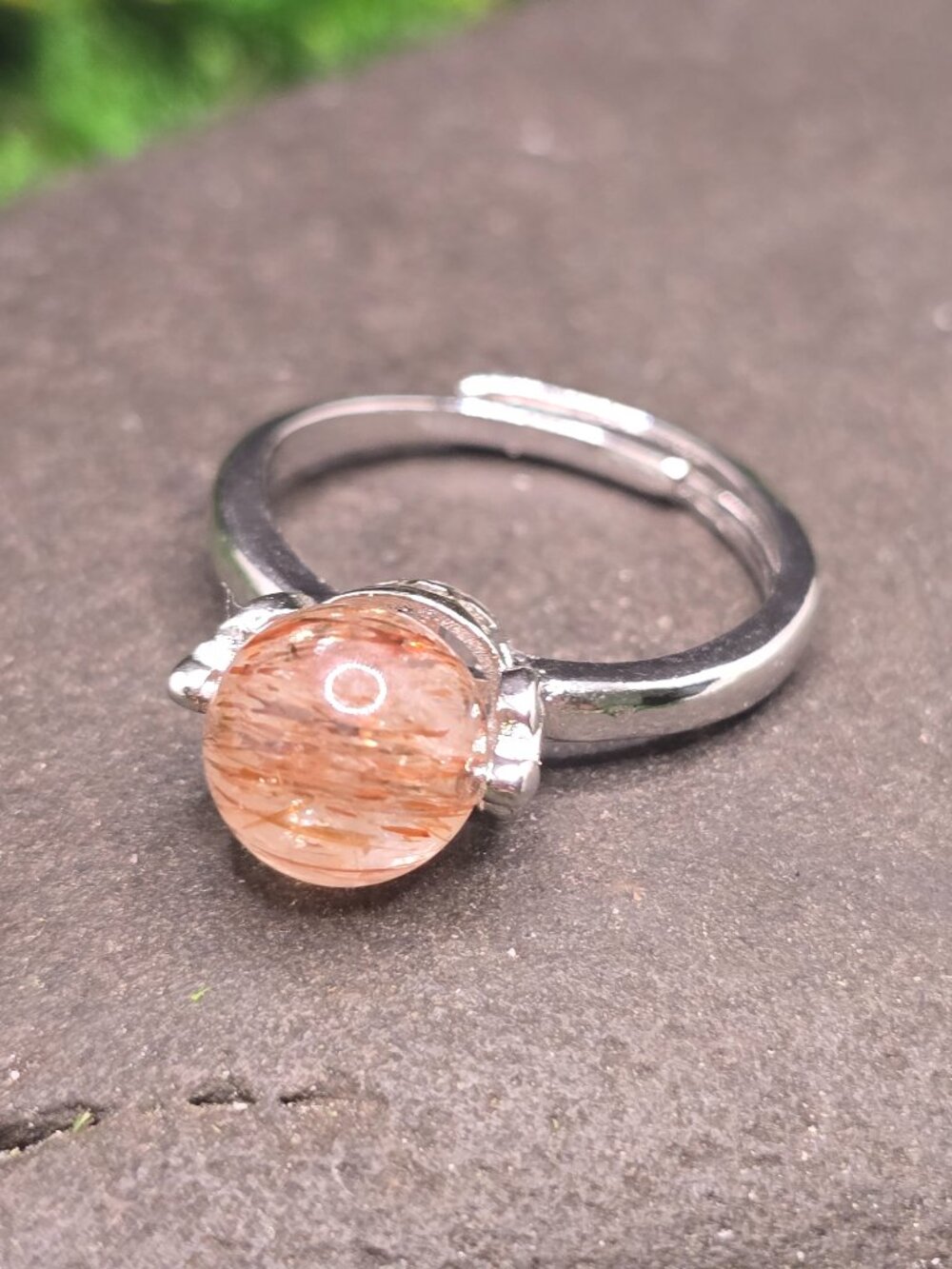 Gold Rutilated Quartz Adjustable Ring Size 6-10 Silver Tone Jewelry
